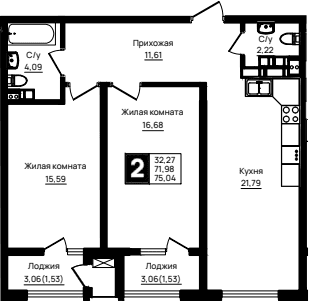 Продается 2-комн. квартира, 71.98 м²