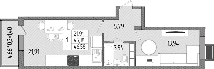 Продается 1-комн. квартира, 45.18 м²