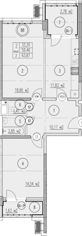 Продается 2-комн. квартира, 59.46 м²