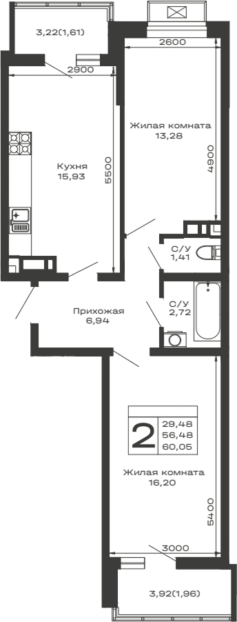 Продается 2-комн. квартира, 56.48 м²