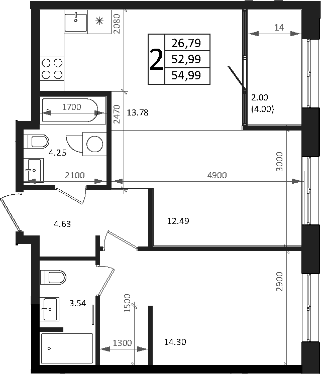 Продается 2-комн. квартира, 52.99 м²
