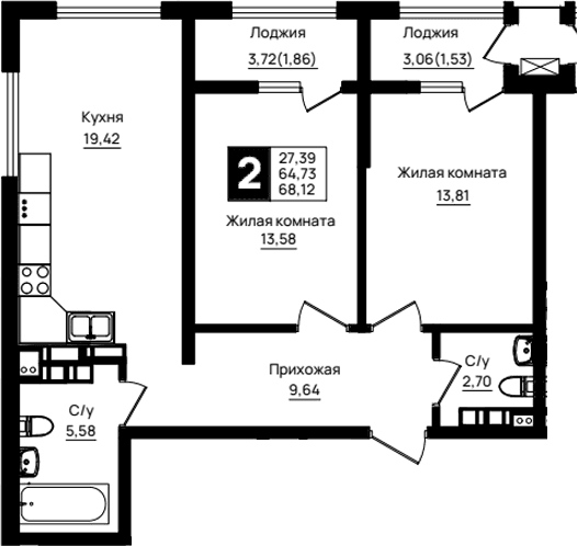Продается 2-комн. квартира, 64.73 м²