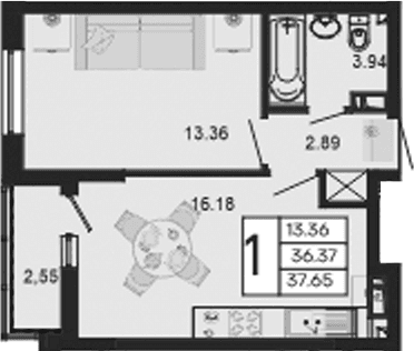 Продается 1-комн. квартира, 36.38 м²