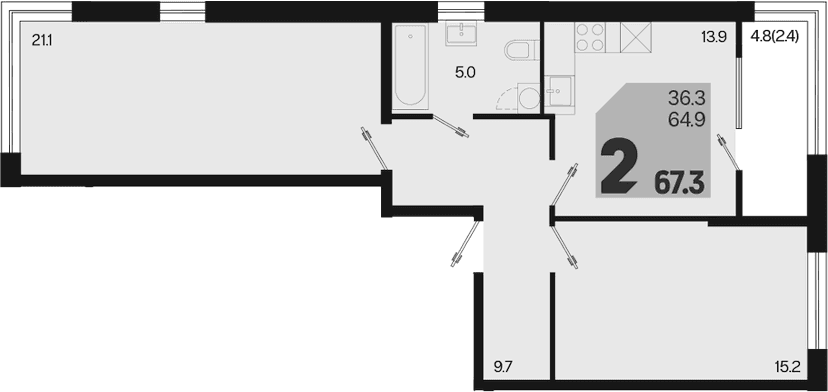 Продается 2-комн. квартира, 64.9 м²