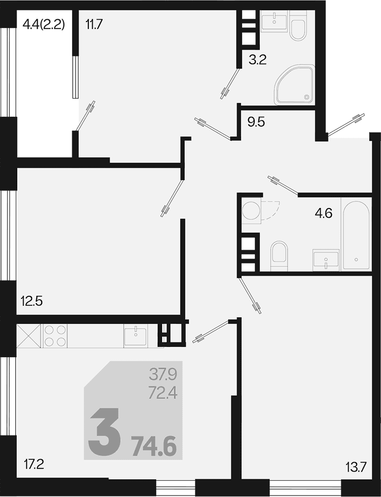 Продается 4-комн. квартира, 72.4 м²