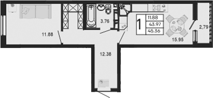 Продается 1-комн. квартира, 43.96 м²