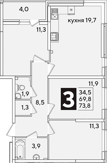 Продается 4-комн. квартира, 69.8 м²