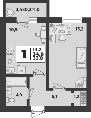 Продается 1-комн. квартира, 33.8 м²