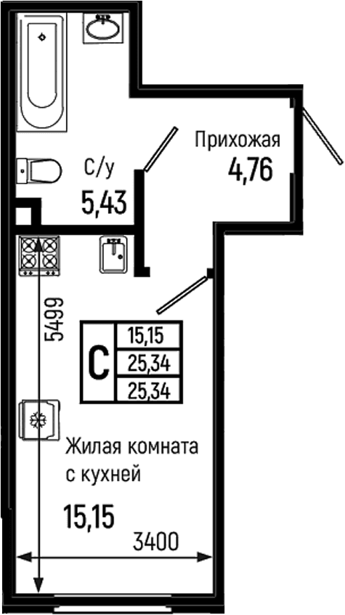 Продается 1-комн. квартира, 25.34 м²
