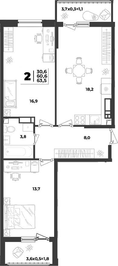 Продается 2-комн. квартира, 60.6 м²