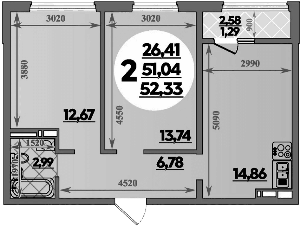 Продается 2-комн. квартира, 51.04 м²