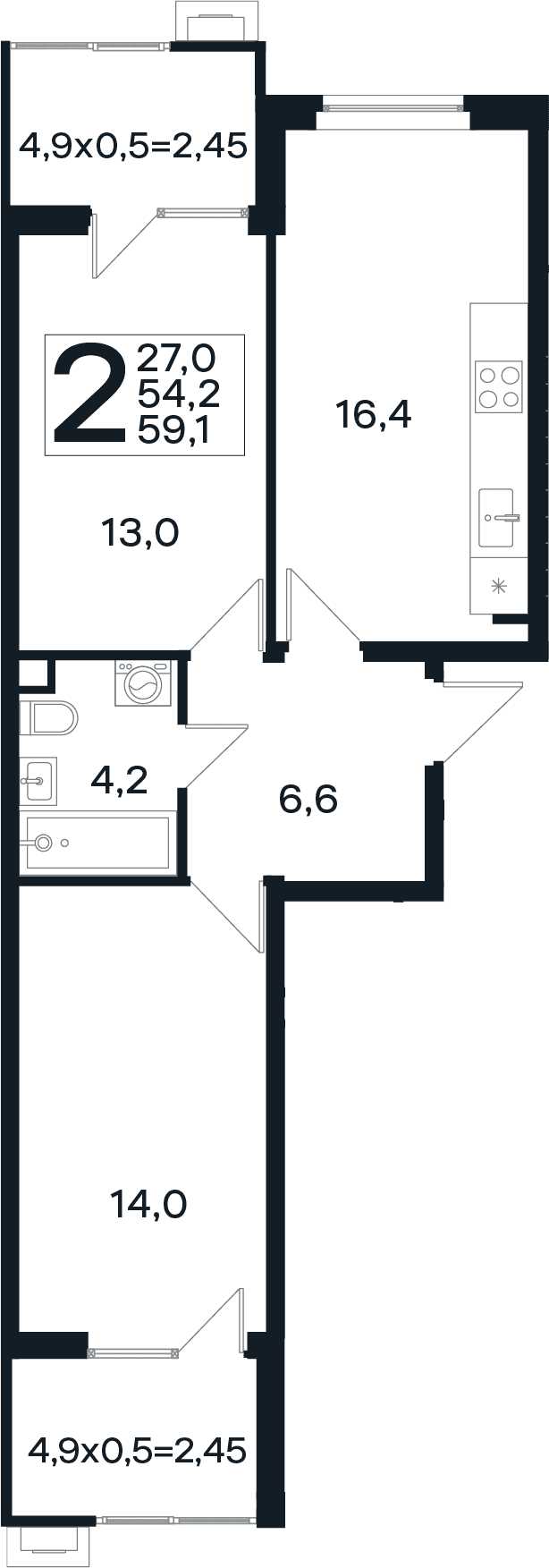 Продается 2-комн. квартира, 54.2 м²