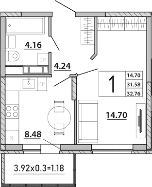 Продается 1-комн. квартира, 31.58 м²