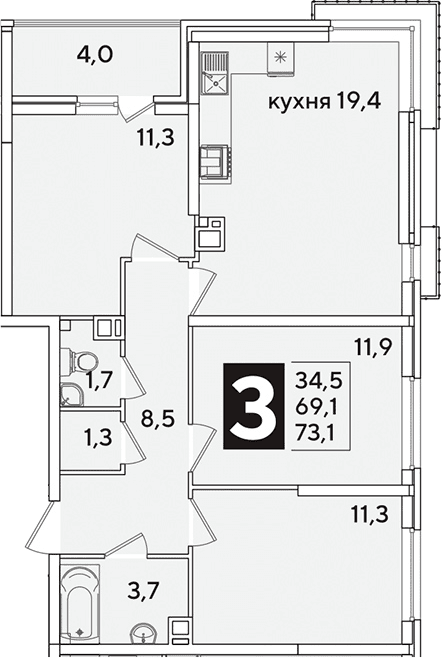 Продается 4-комн. квартира, 69.1 м²