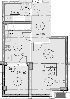 Продается 1-комн. квартира, 34.49 м²