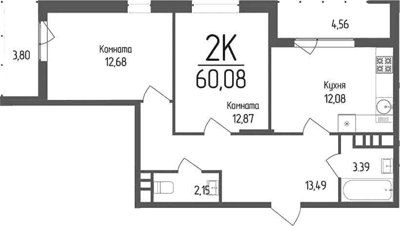 Продается 2-комн. квартира, 56.66 м²