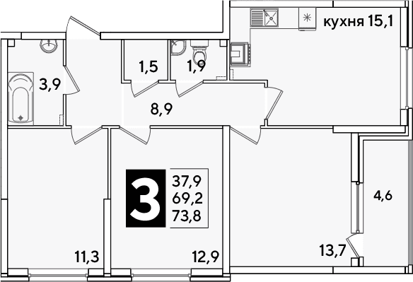 Продается 4-комн. квартира, 69.2 м²