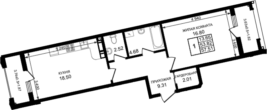 Продается 1-комн. квартира, 53.82 м²