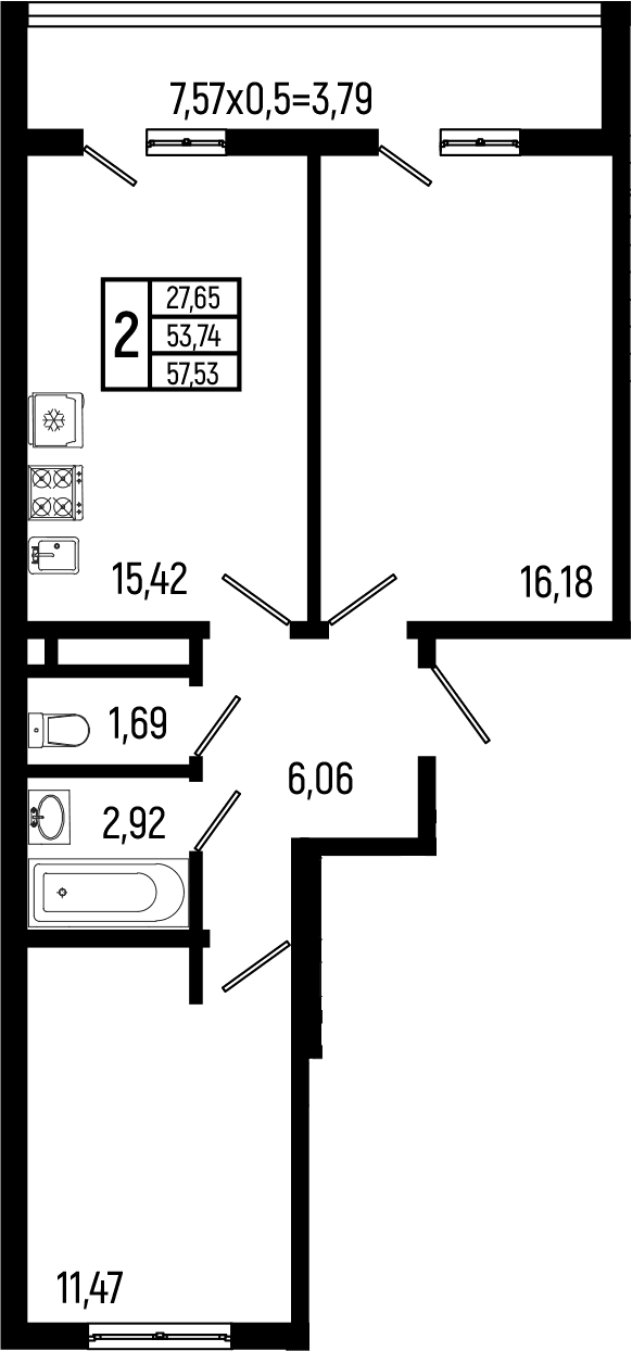 Продается 2-комн. квартира, 53.74 м²