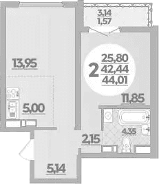 Продается 1-комн. квартира, 42.44 м²