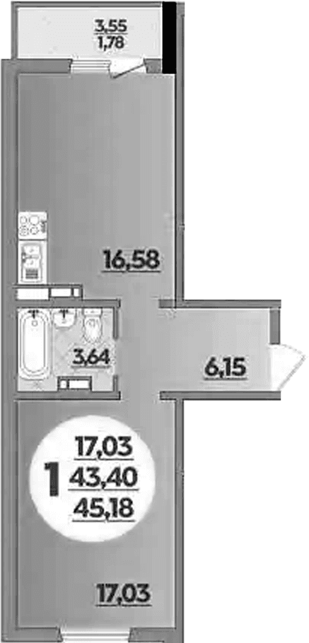 Продается 1-комн. квартира, 43.4 м²