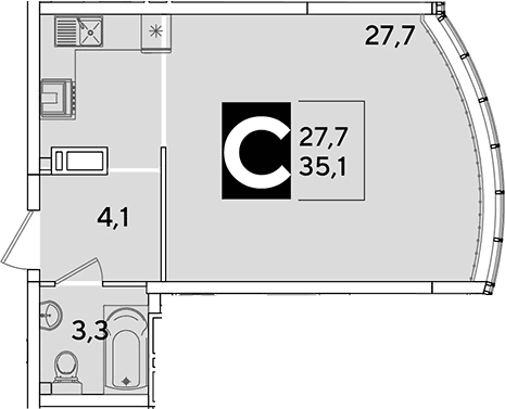 Продается 1-комн. квартира, 35.1 м²