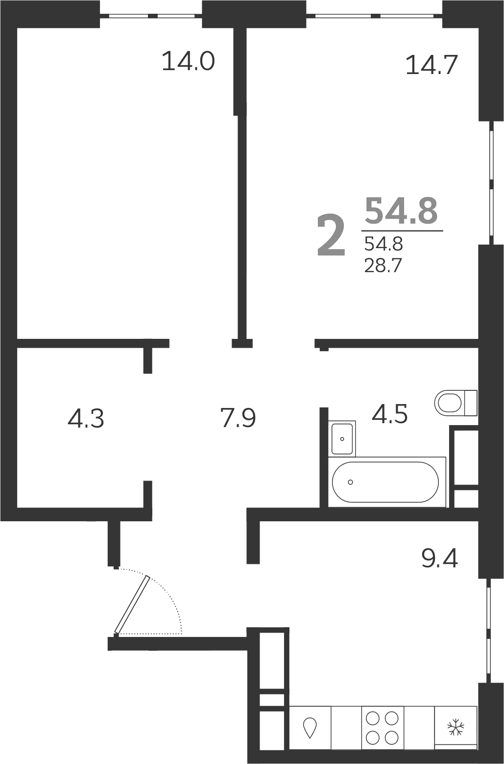 Продается 2-комн. квартира, 54.8 м²