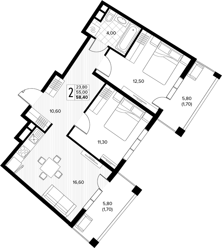 Продается 2-комн. квартира, 55 м²