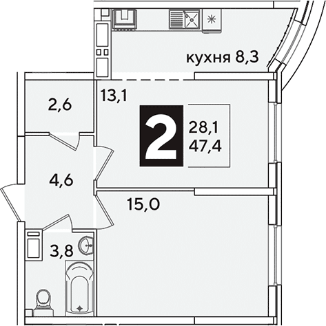 Продается 2-комн. квартира, 47.4 м²