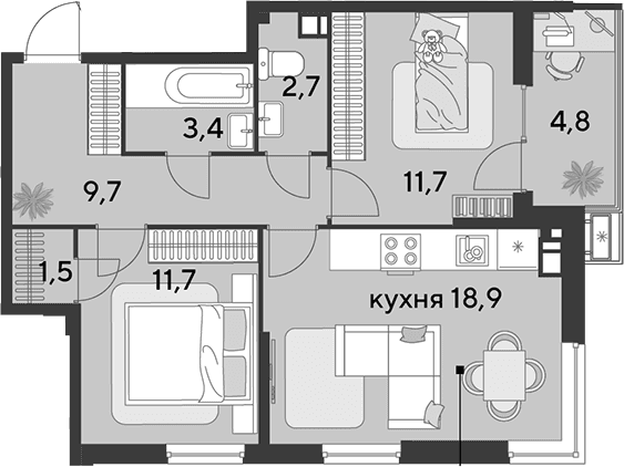 Продается 3-комн. квартира, 59.6 м²