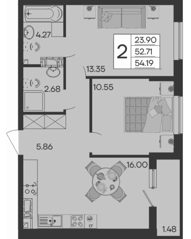 Продается 2-комн. квартира, 52.71 м²