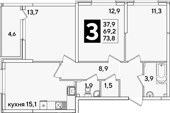 Продается 4-комн. квартира, 69.2 м²