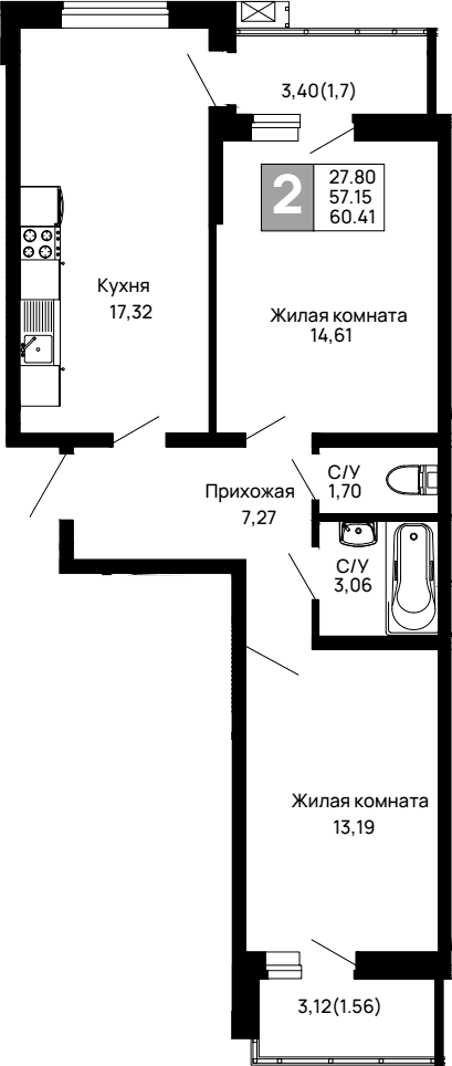 Продается 2-комн. квартира, 57.15 м²
