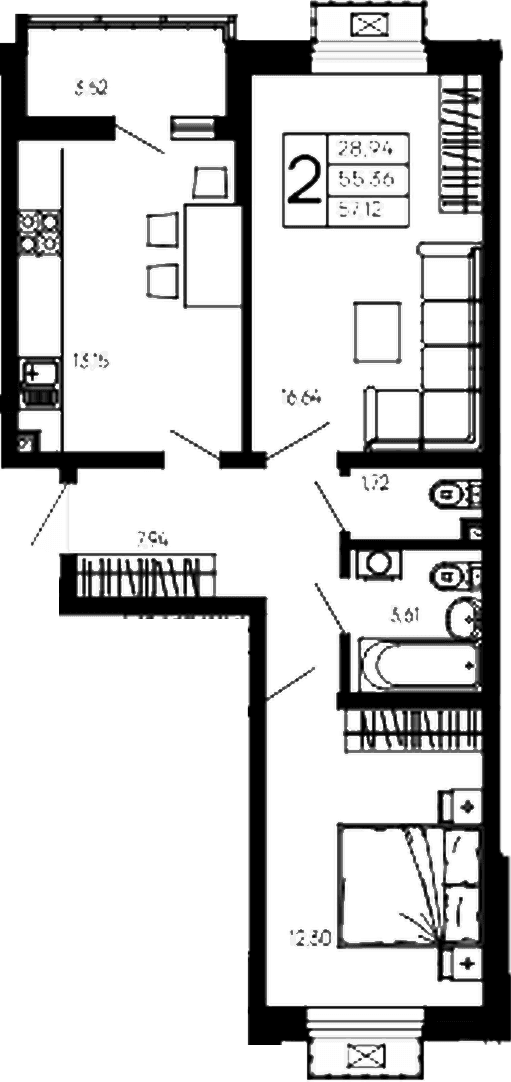 Продается 2-комн. квартира, 55.36 м²