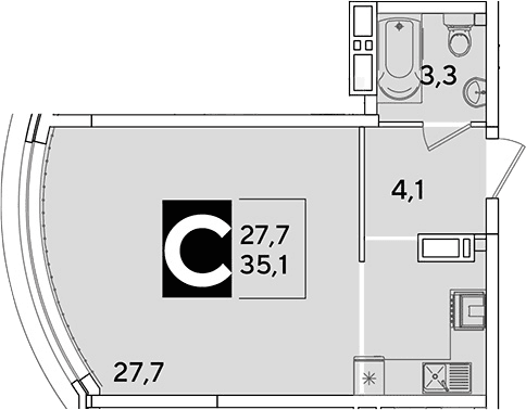 Продается 1-комн. квартира, 35.1 м²