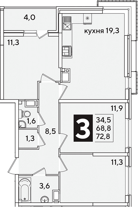 Продается 4-комн. квартира, 68.8 м²