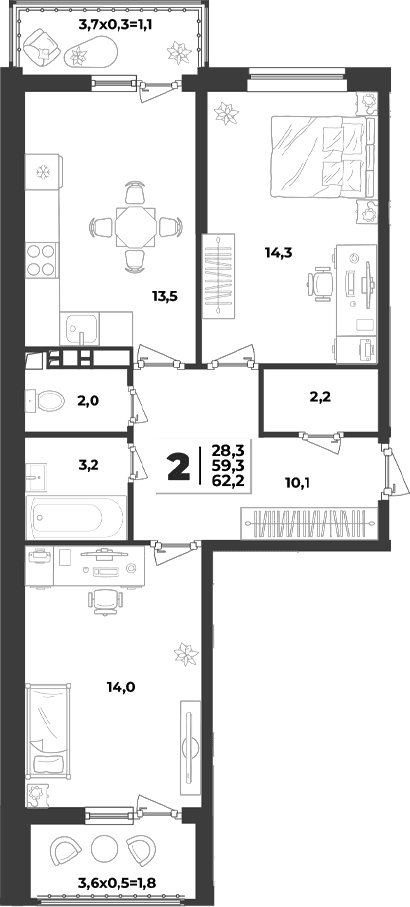 Продается 2-комн. квартира, 59.3 м²