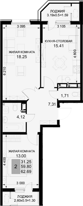 Продается 2-комн. квартира, 59.8 м²