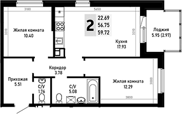 Продается 2-комн. квартира, 56.75 м²