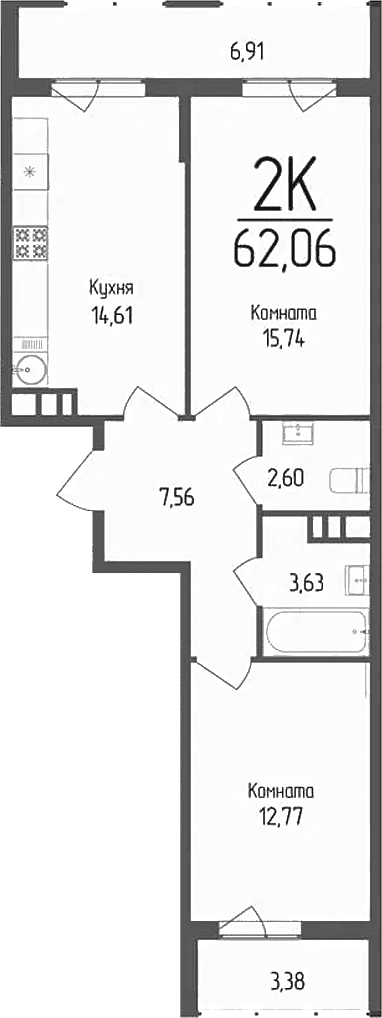 Продается 2-комн. квартира, 56.91 м²