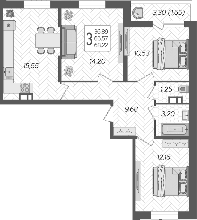 Продается 3-комн. квартира, 66.57 м²