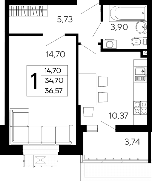 Продается 1-комн. квартира, 34.7 м²