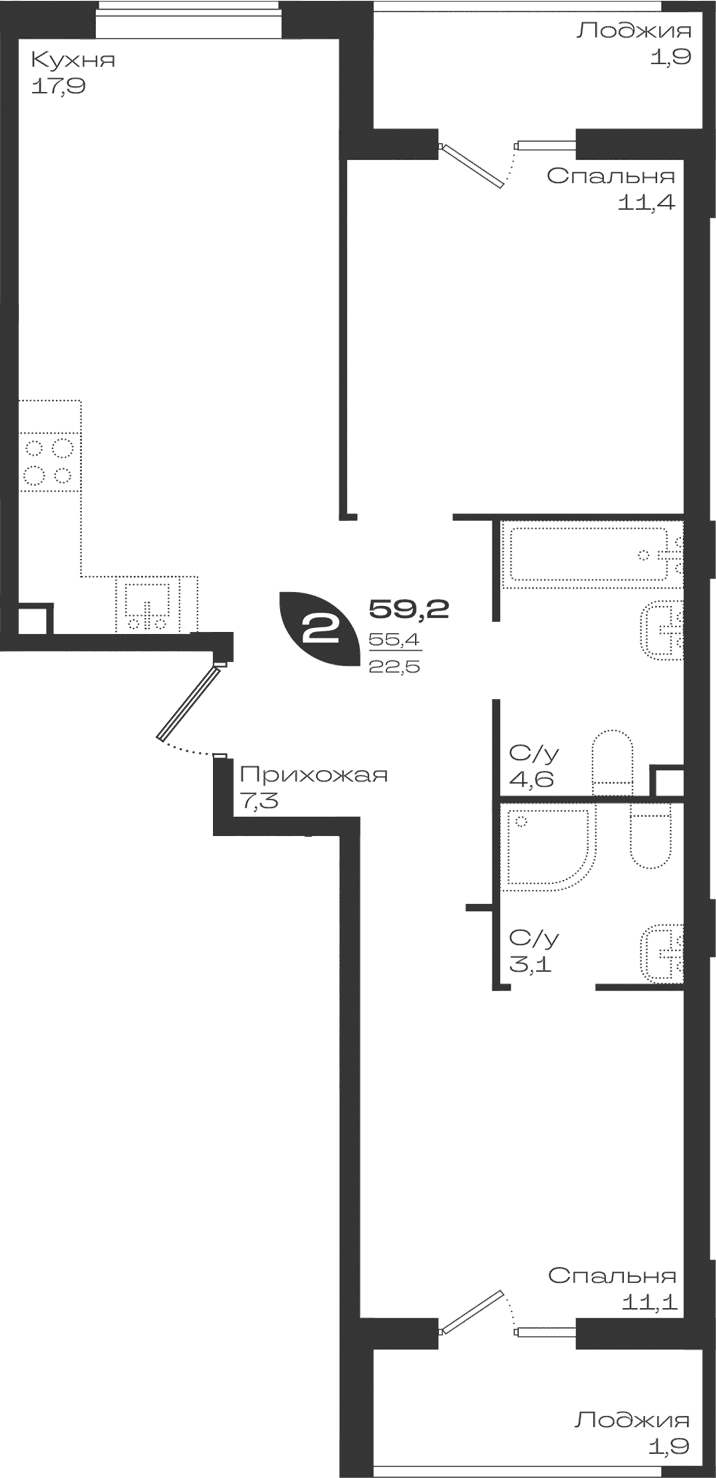 Продается 2-комн. квартира, 55.4 м²