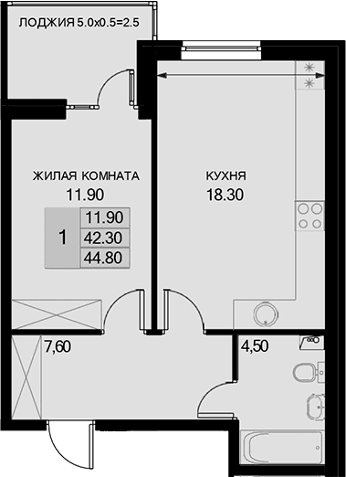 Продается 1-комн. квартира, 42.3 м²