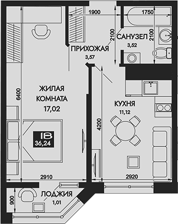 Продается 1-комн. квартира, 35.23 м²