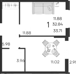 Продается 1-комн. квартира, 32.84 м²
