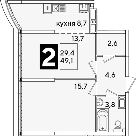 Продается 2-комн. квартира, 49.1 м²