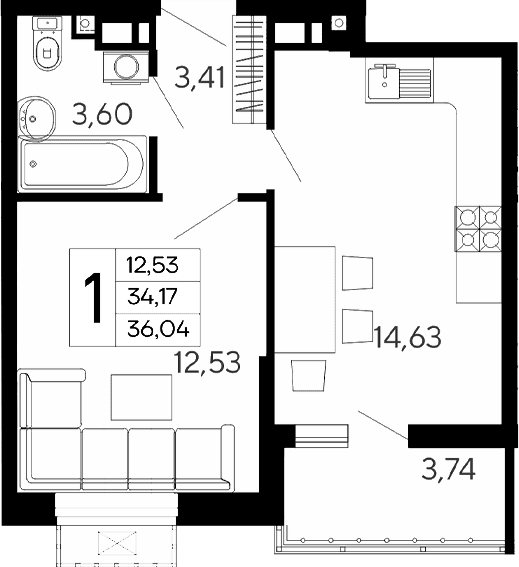 Продается 1-комн. квартира, 34.17 м²