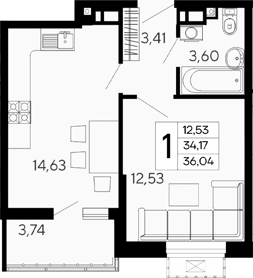 Продается 1-комн. квартира, 34.17 м²