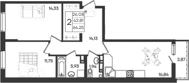 Продается 2-комн. квартира, 62.81 м²